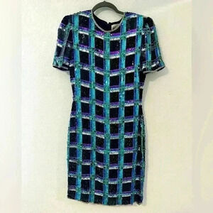 Leslie Fay Evenings Sequin Plaid Short Sleeve Sheath Dress Women's Size 8